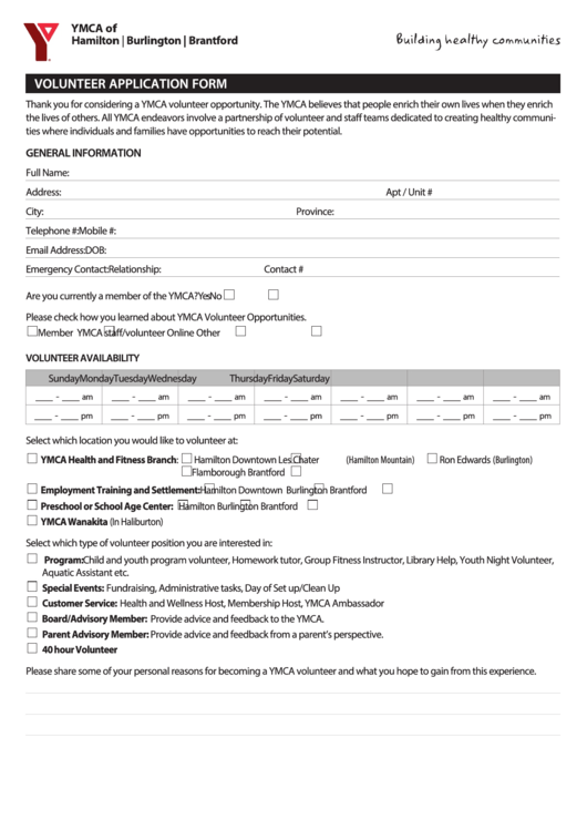 Fillable Volunteer Application Form - Ymca Printable pdf