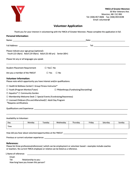 Volunteer Application Form - Ymca Of Greater Moncton Printable pdf
