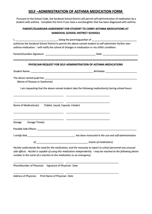 Self -Administration Of Asthma Medication Form Printable pdf