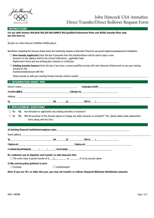 Direct Transfer/direct Rollover Request Form - John Hancock Usa Printable pdf