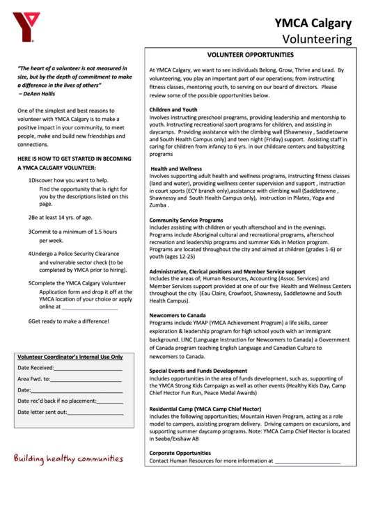 Fillable Ymca Calgary Volunteering Form Printable pdf