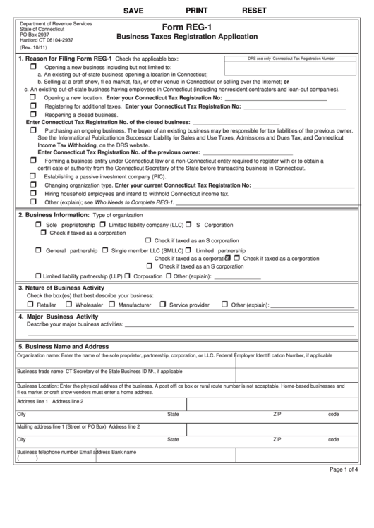 Fillable Form Reg-1 - Business Taxes Registration Application Printable pdf