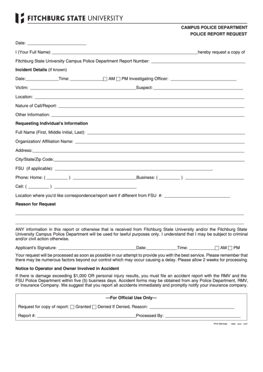 Campus Police Department Police Report Request Form Printable pdf