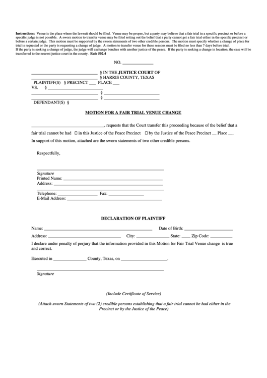 Motion For A Fair Trial Venue Change Form - Harris County, Texas Printable pdf