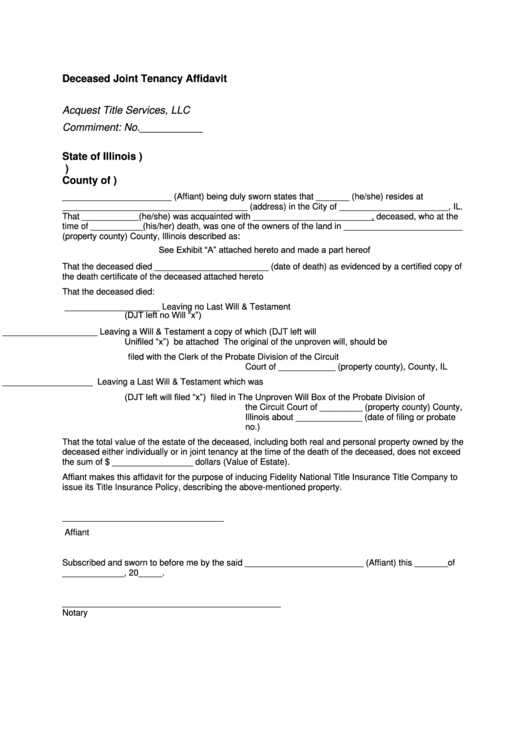 Deceased Joint Tenancy Affidavit Form Printable pdf
