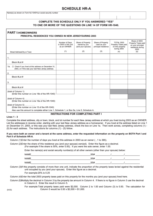 Fillable Schedule Hr-A (Form Hr-1040) - Share Of Total Property Paid ...