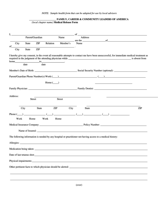 Fillable Missouri Fccla Sample Medical Release Form Printable pdf