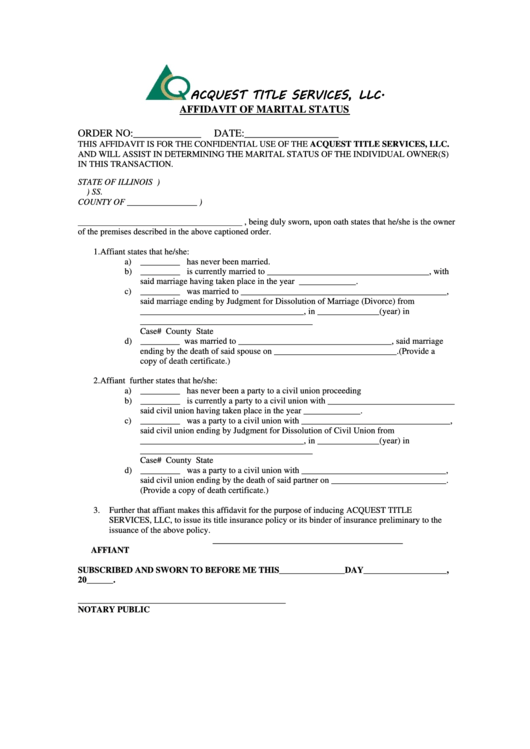Affidavit Of Marital Status Form Printable pdf