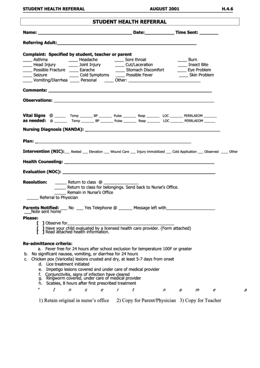 Form H.4.6 - Student Health Referral Printable pdf