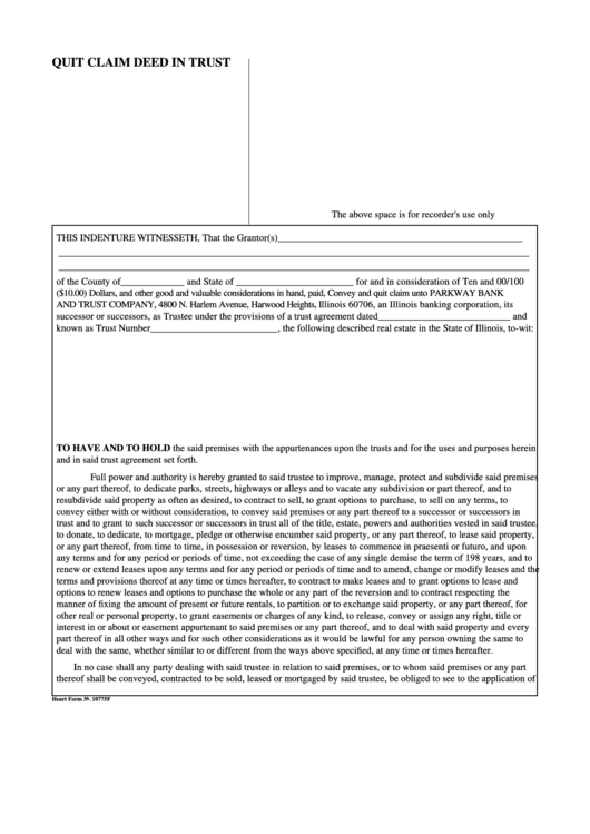 Fillable Quit Claim Deed In Trust Template - State Of Illinois Printable pdf