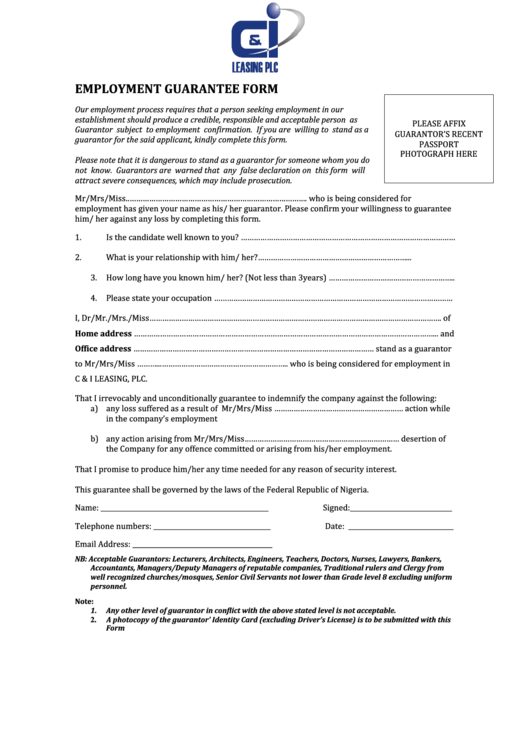 Employment Guarantee Form Printable pdf