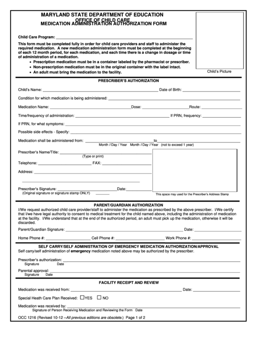 Fillable Form Occ 1216 - Medication Administration Authorization Form - Maryland State Department Of Education Printable pdf