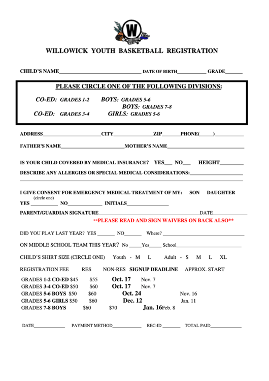Basketball Registration Form - City Of Willowick Printable pdf
