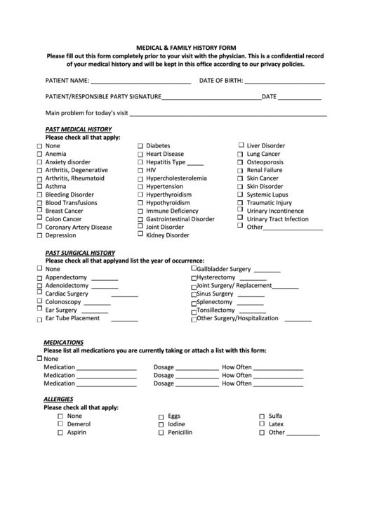 Printable Family Medical History Form Template