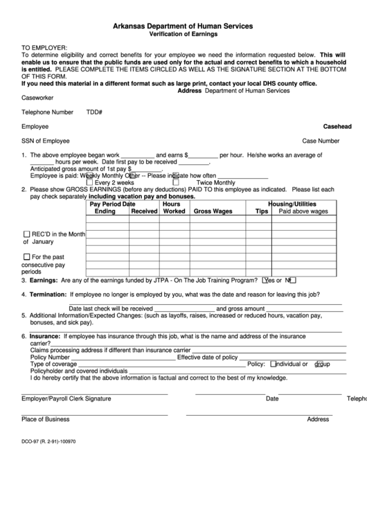 Fillable Form Dco-97 Verification Of Earnings - Arkansas Department Of Human Services Printable pdf