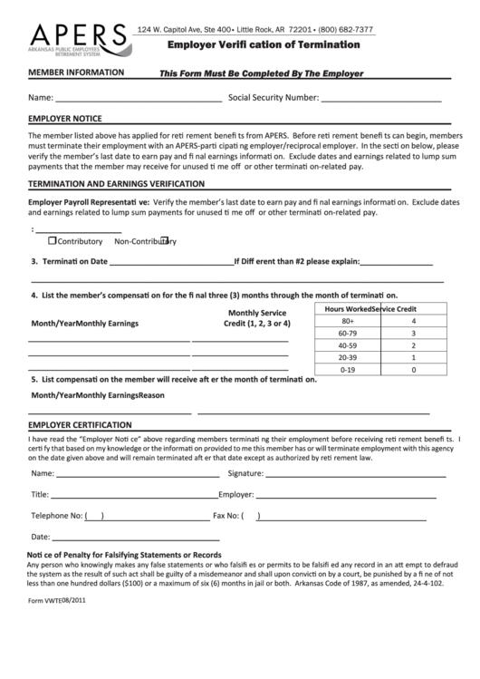 Form Vwte Employer Verification Of Termination - Arkansas Public Employees Retirement System Printable pdf