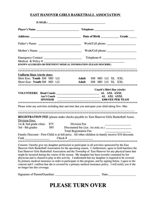 Girls Basketball Association Registration Form Printable pdf