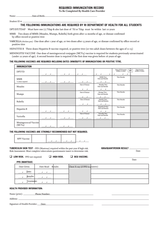Required Immunization Form For Graduate Students Printable pdf