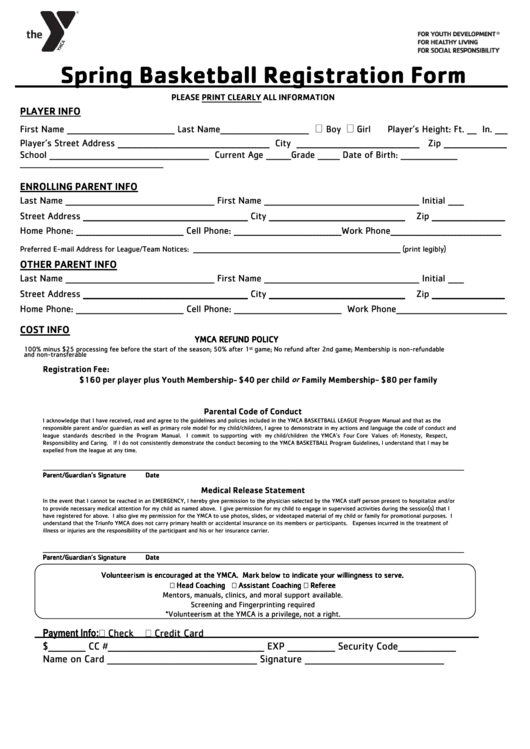 Ymca Spring Basketball Registration Form Printable pdf