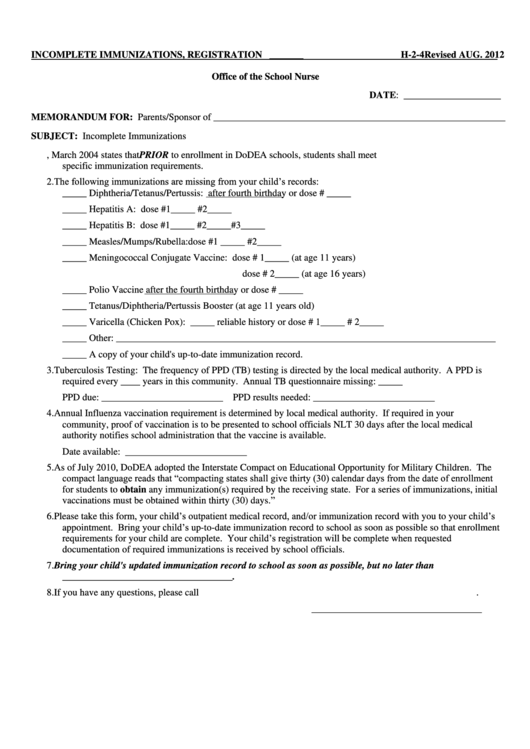 Fillable Form H.2.4 - Incomplete Immunizations, Registration Printable pdf