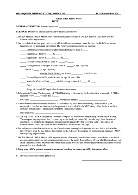 Fillable Form H.2.5 - Delinquent Immunizations, Notice Of Printable pdf