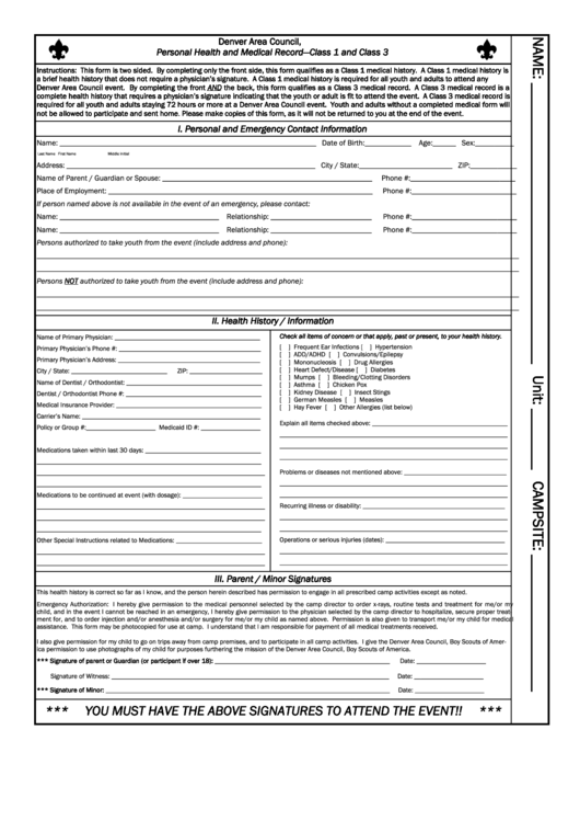 Personal Health And Medical Record Form - Denver Area Council, B.s.a. Printable pdf