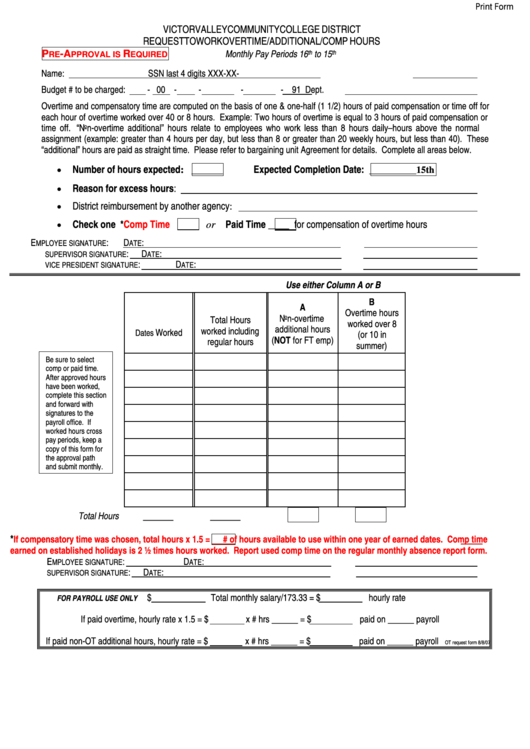 Fillable Request To Work Overtime/additional/comp Hours Form - Victor Valley Community College District Printable pdf