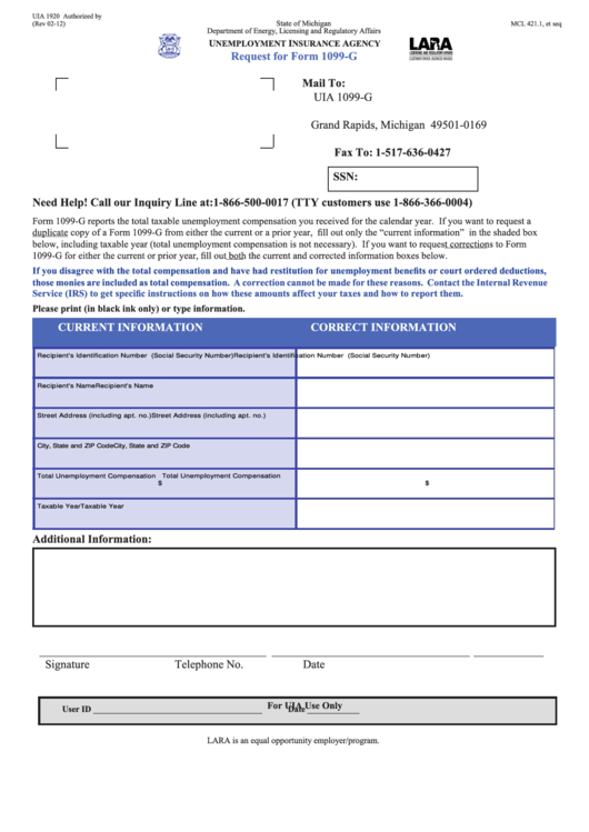 Fillable Form Uia 1920 - Request For Form 1099-G - 2012 Printable pdf