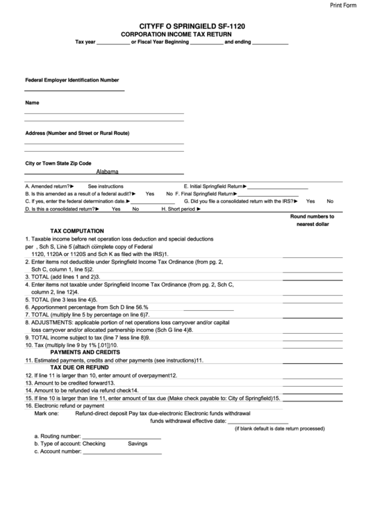 Fillable Form Sf-1120 - Corporation Income Tax Return Printable pdf