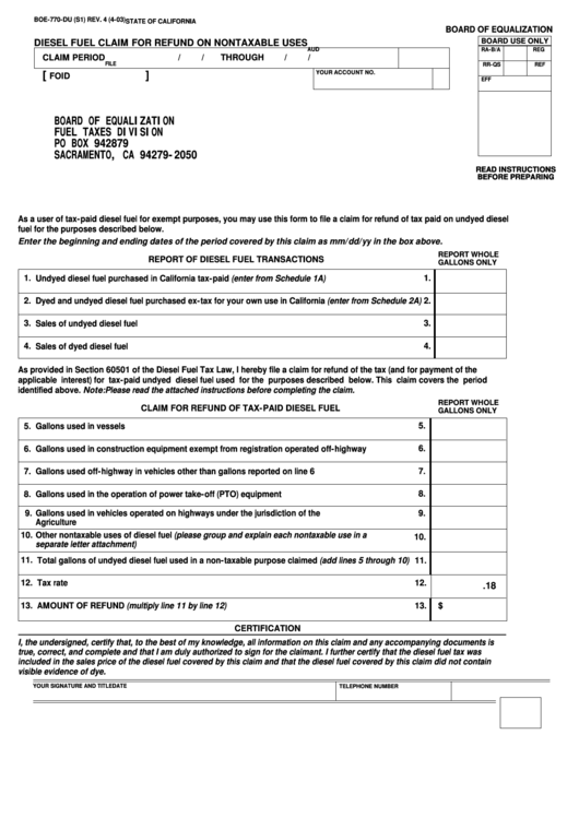 Fillable Form Boe-770-Du Diesel Fuel Claim For Refund On Nontaxable Uses - California Board Of Equalization Printable pdf