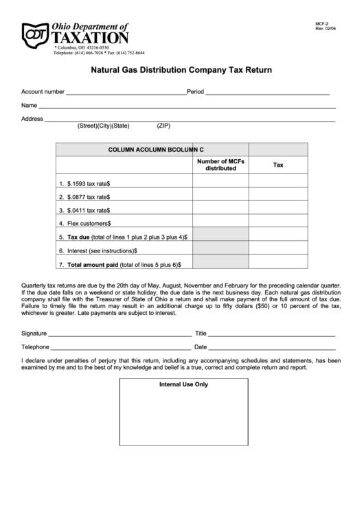 Form Mcf-2 - Natural Gas Distribution Company Tax Return Printable pdf