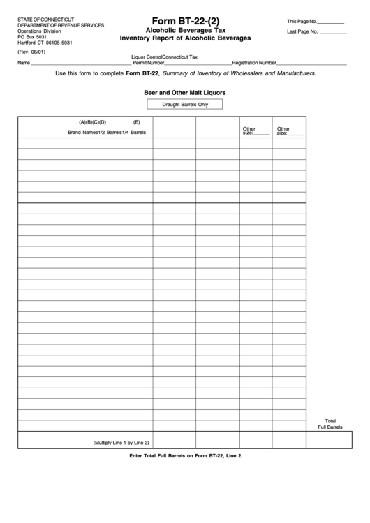 Form Bt-22-(2) Alcoholic Beverages Tax Inventory Report Of Alcoholic Beverages Printable pdf