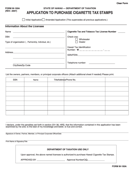 Fillable Form M-100a - Application To Purchase Cigarette Tax Stamps Printable pdf