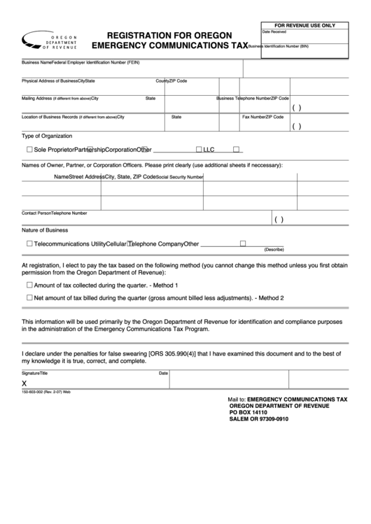 Fillable Form 150-603-002 Registration For Oregon Emergency Communications Tax Printable pdf