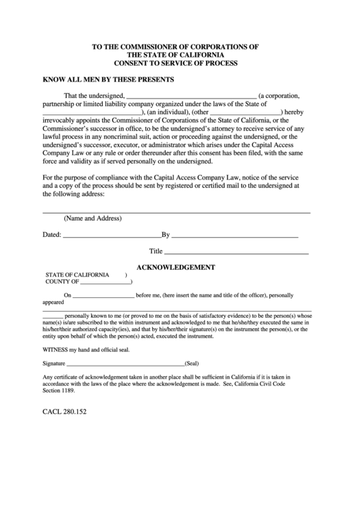 Form Cacl 280.152 Consent To Service Of Process - Commissioner Of Corporations Of The State Of California Printable pdf