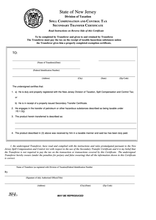 Fillable Form Scc-2 - Spill Compensation And Control Tax Secondary Transfer Certificate - 2001 Printable pdf