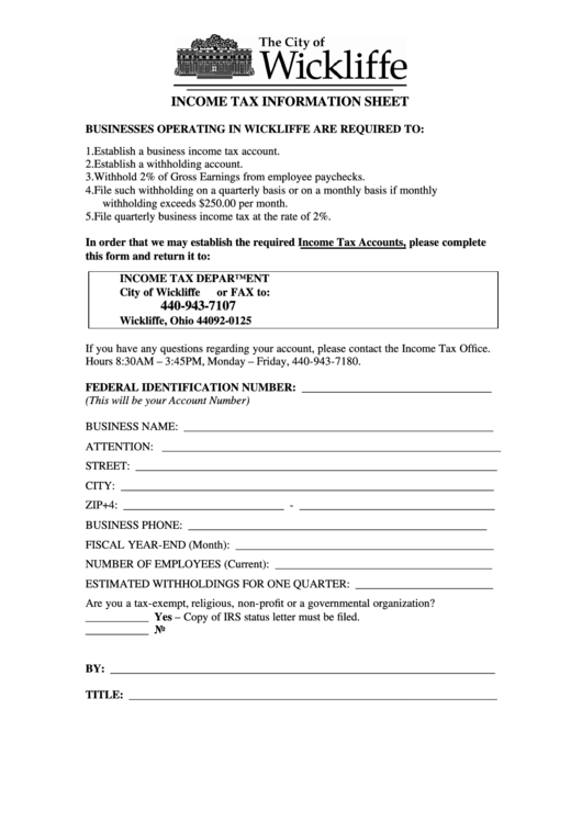 Income Tax Information Sheet - City Of Wickliffe Printable pdf