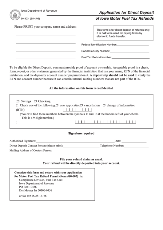 Form 90-303 - Application For Direct Deposit Of Iowa Motor Fuel Tax Refunds Printable pdf