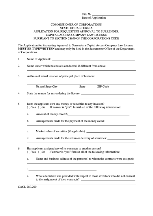Form Cacl 280.200 Application For Requesting Approval To Surrender Capital Access Company Law License - California Commissioner Of Corporations Printable pdf