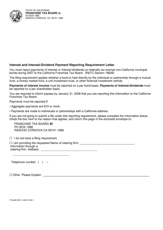 Form Ftb 4800 - Interest And Interest-Dividend Payment Reporting Requirement Letter Printable pdf