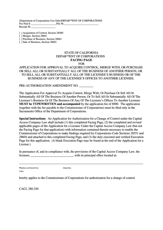 Form Cacl 280.250 California Department Of Corporations Facing Page Printable pdf