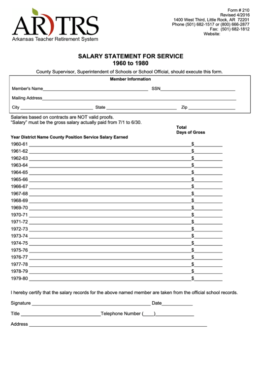 Form 210 - Salary Statement For Service 1960 To 1980 Printable pdf