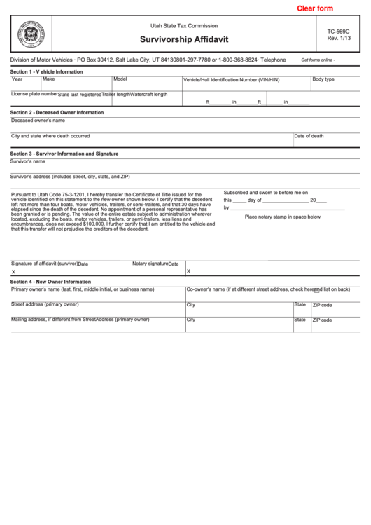Fillable Form Tc-569c - Survivorship Affidavit Printable pdf
