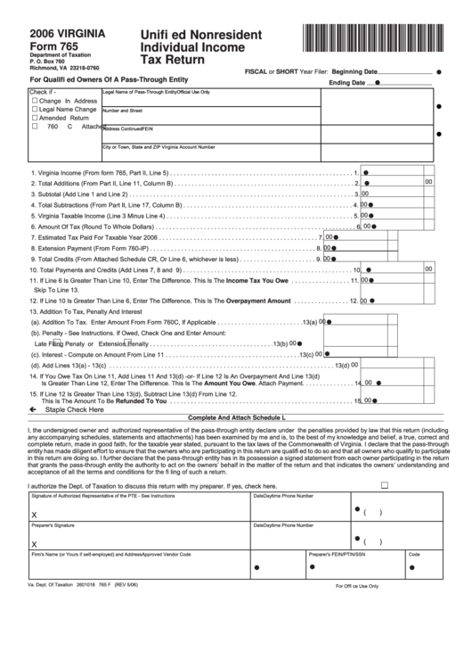 Form 765 - Unified Nonresident Individual Income Tax Return - 2006 Printable pdf
