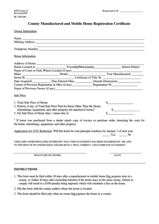 Fillable Form Dte 41 - County Manufactured And Mobile Home Registration Certificate Form Printable pdf