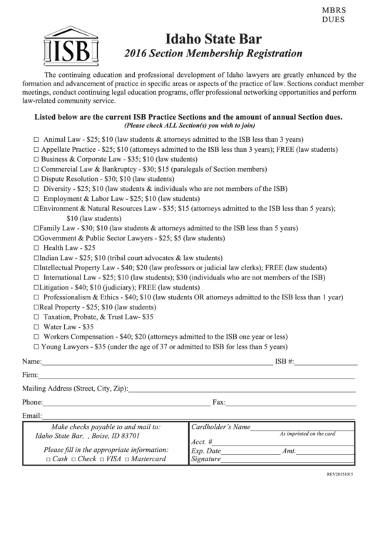 Fillable Section Membership Registration Form - Idaho State Bar - 2016 Printable pdf
