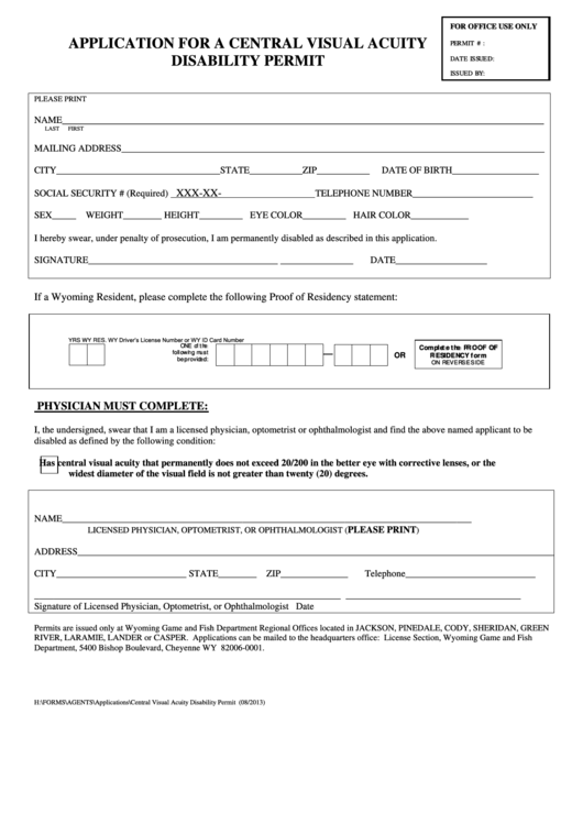 Application For A Central Visual Acuity Disability Permit Form - Wyoming Game And Fish Department Printable pdf