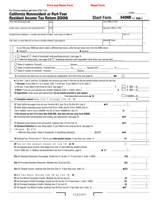 Fillable Form 540nr - California Nonresident Or Part-Year Resident Income Tax Return - 2006 Printable pdf