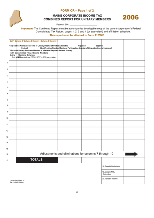 Form Cr - Maine Corporate Income Tax Combined Report For Unitary Members Printable pdf