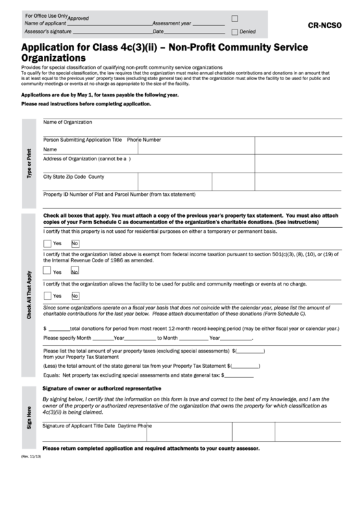 Fillable Form Cr-Ncso - Application For Class 4c(3)(Ii) - Non-Profit Community Service Organizations 2013 Printable pdf
